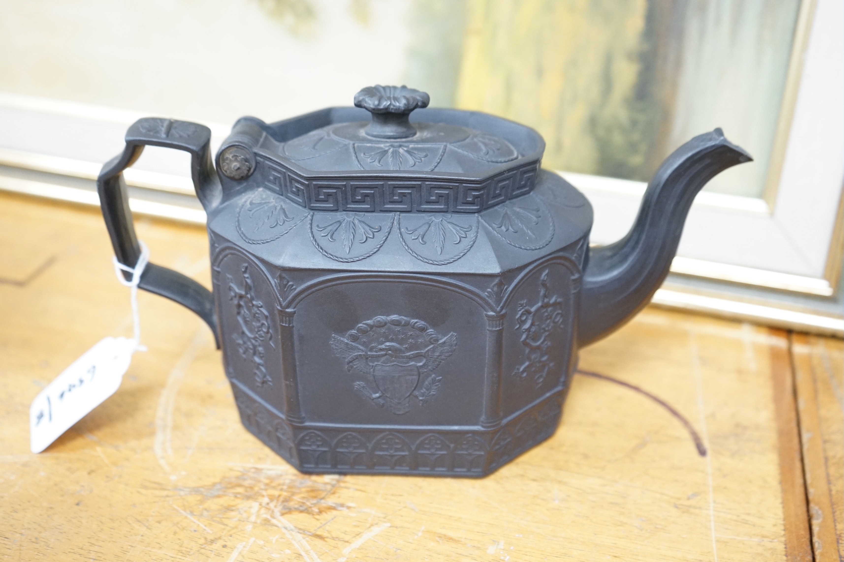 A 19th century American commemorative black basalt teapot 14.5cm